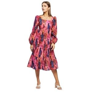 Never Fully Dressed Art To Wear Tiered Square Neckline Midi Dress in Multi Pink